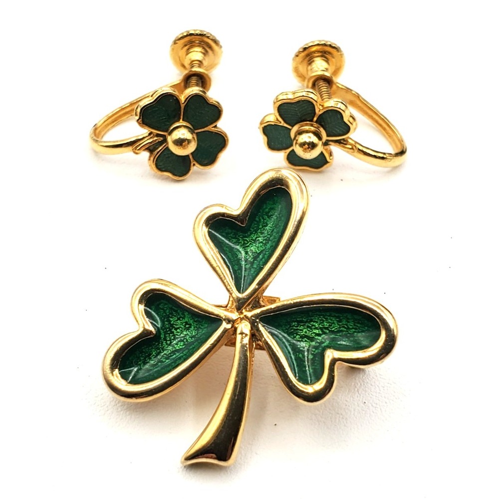 Vintage 3 Leaf Clover Green Enamel Brooch & Screw Back Earrings